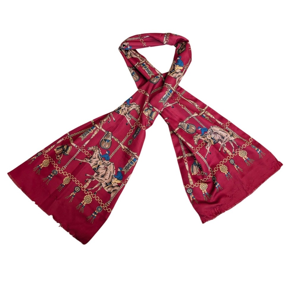Vintage Equestrian Horse Chain Print Scarf Burgundy Red Frayed Edge Lightweight